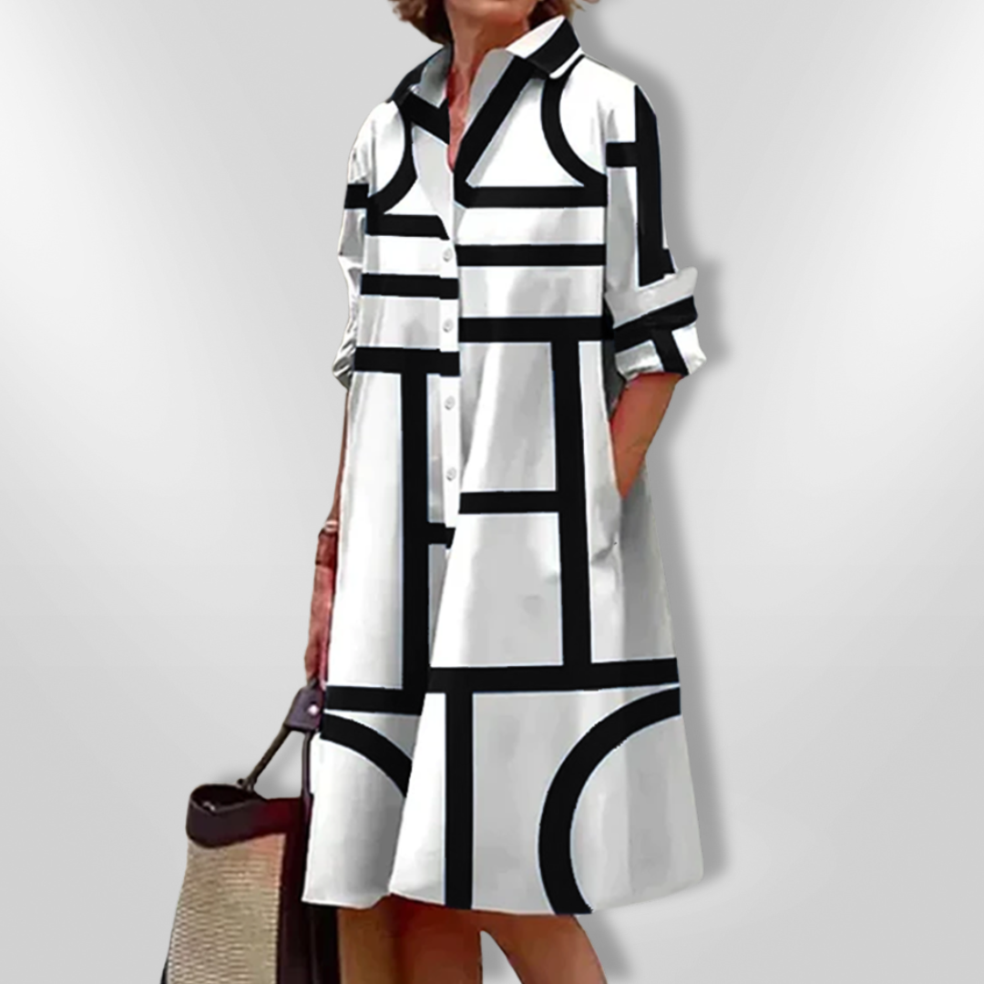 Wanda · Vestido midi camisero geométrico – Silvia Morel