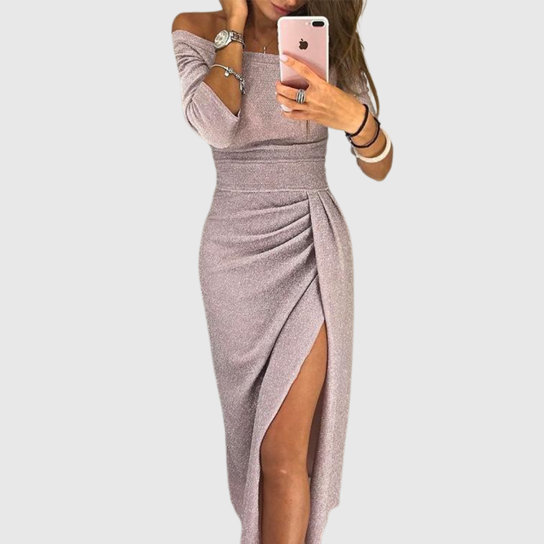 Gisela · Vestido largo halter con pliegues – Silvia Morel