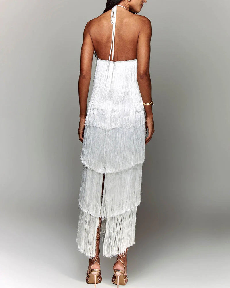 Borla · Vestido halter con borlas – Silvia Morel