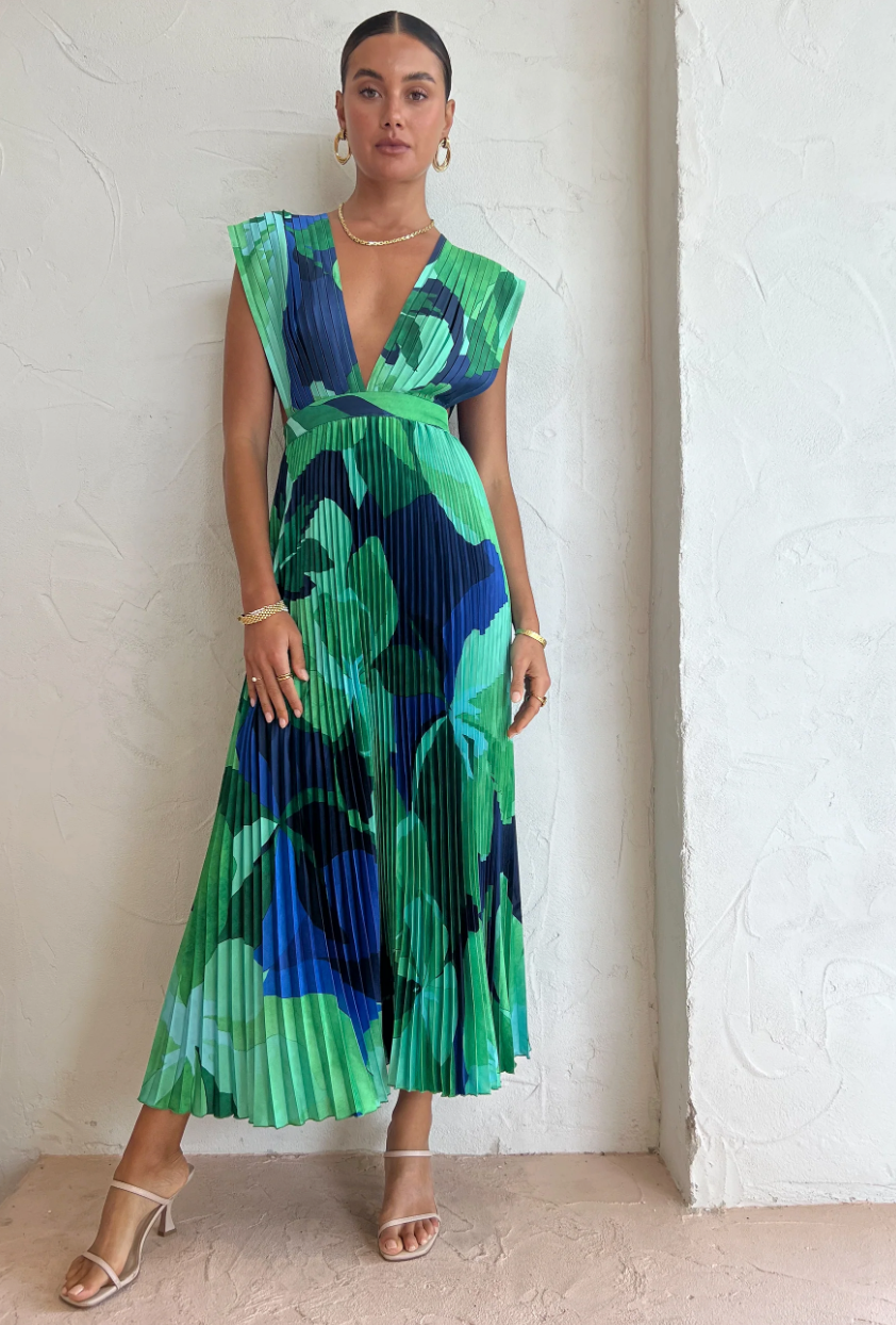 Esperanza · Vestido plisado en tonos azules – Silvia Morel