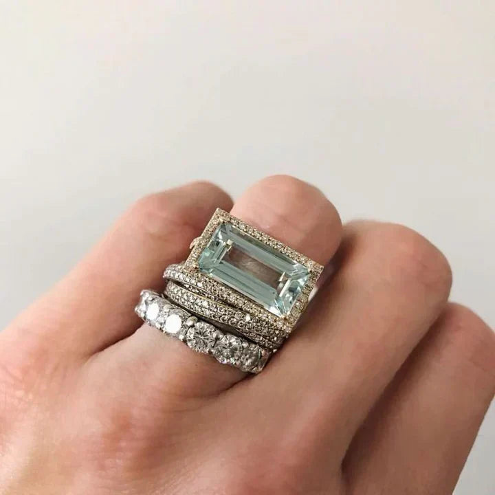 Nereida · Set de anillos plateados con cristal turquesa – Silvia Morel