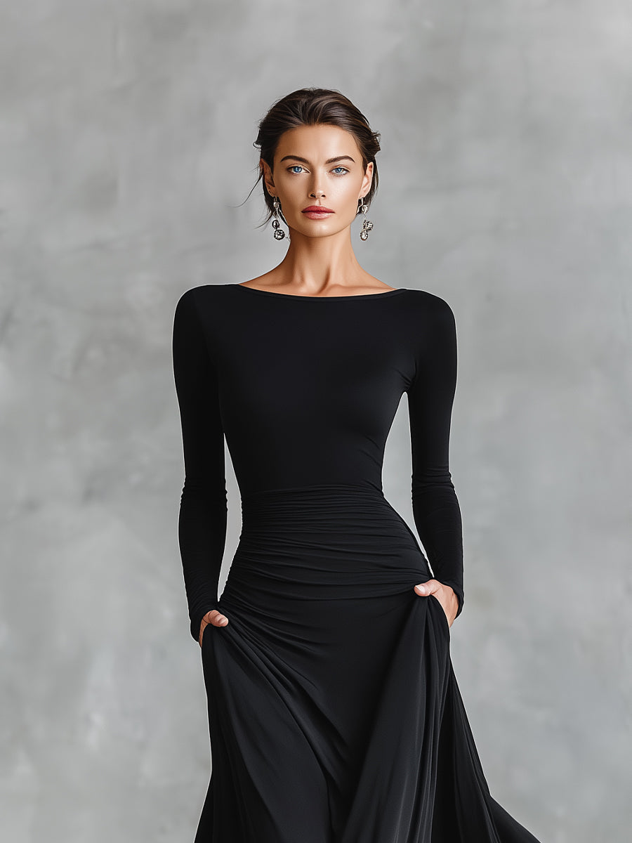 Azabache · Vestido largo negro plisado – Silvia Morel