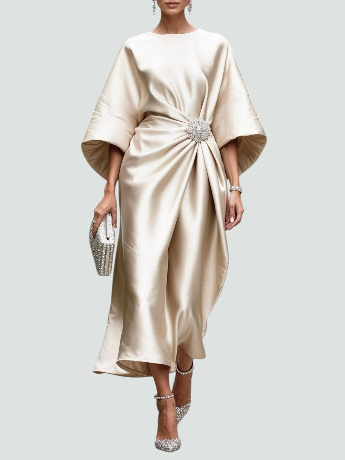 Sara · Vestido largo satinado drapeado – Silvia Morel