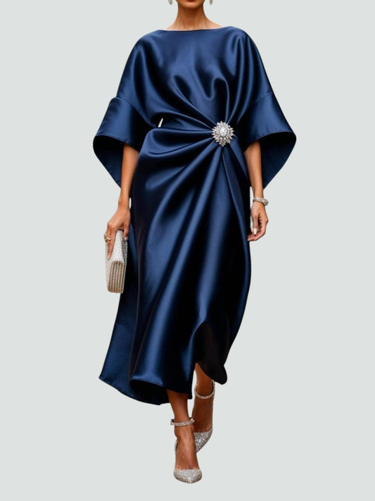 Sara · Vestido largo satinado drapeado – Silvia Morel