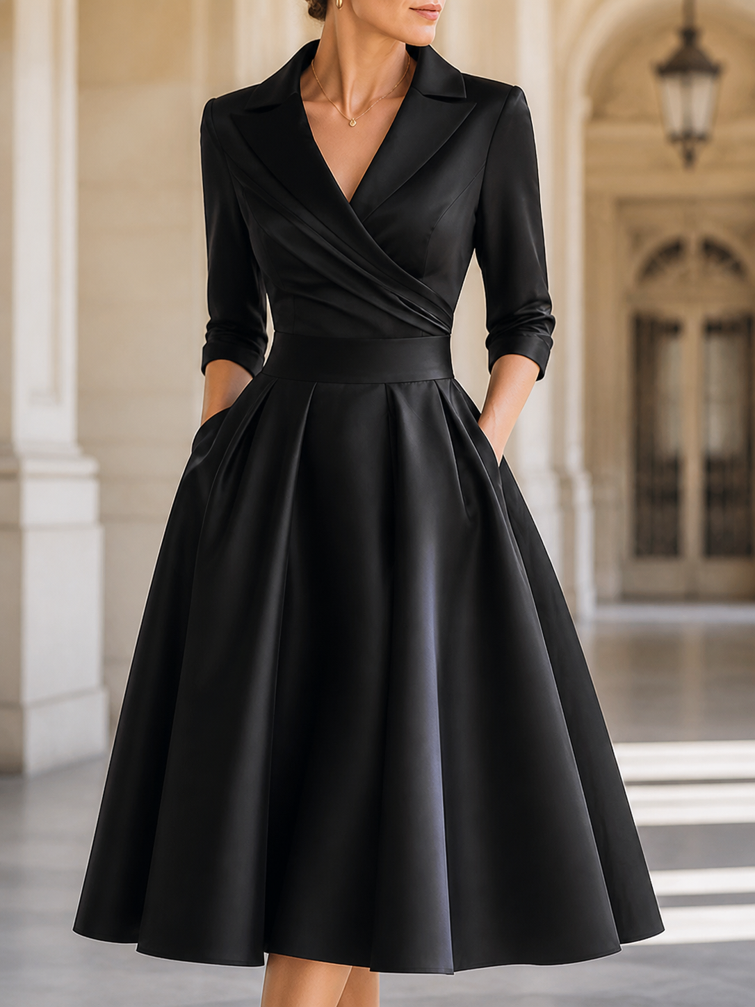 Satina · Vestido midi satinado con escote cruzado – Silvia Morel