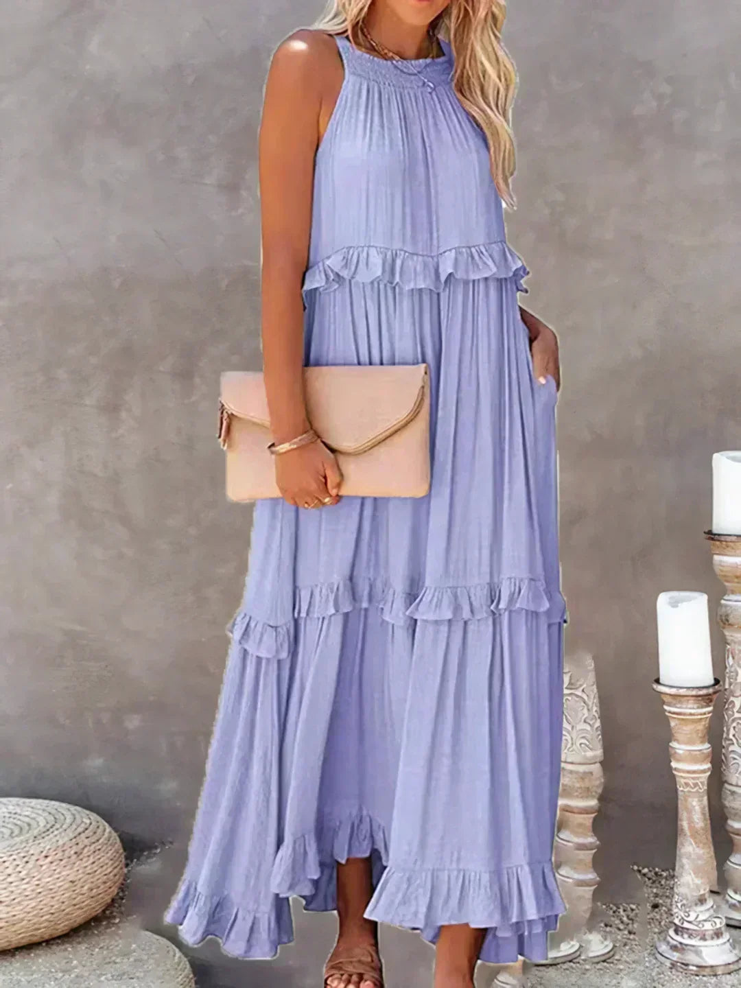 Jardín · Vestido largo halter con volantes – Silvia Morel