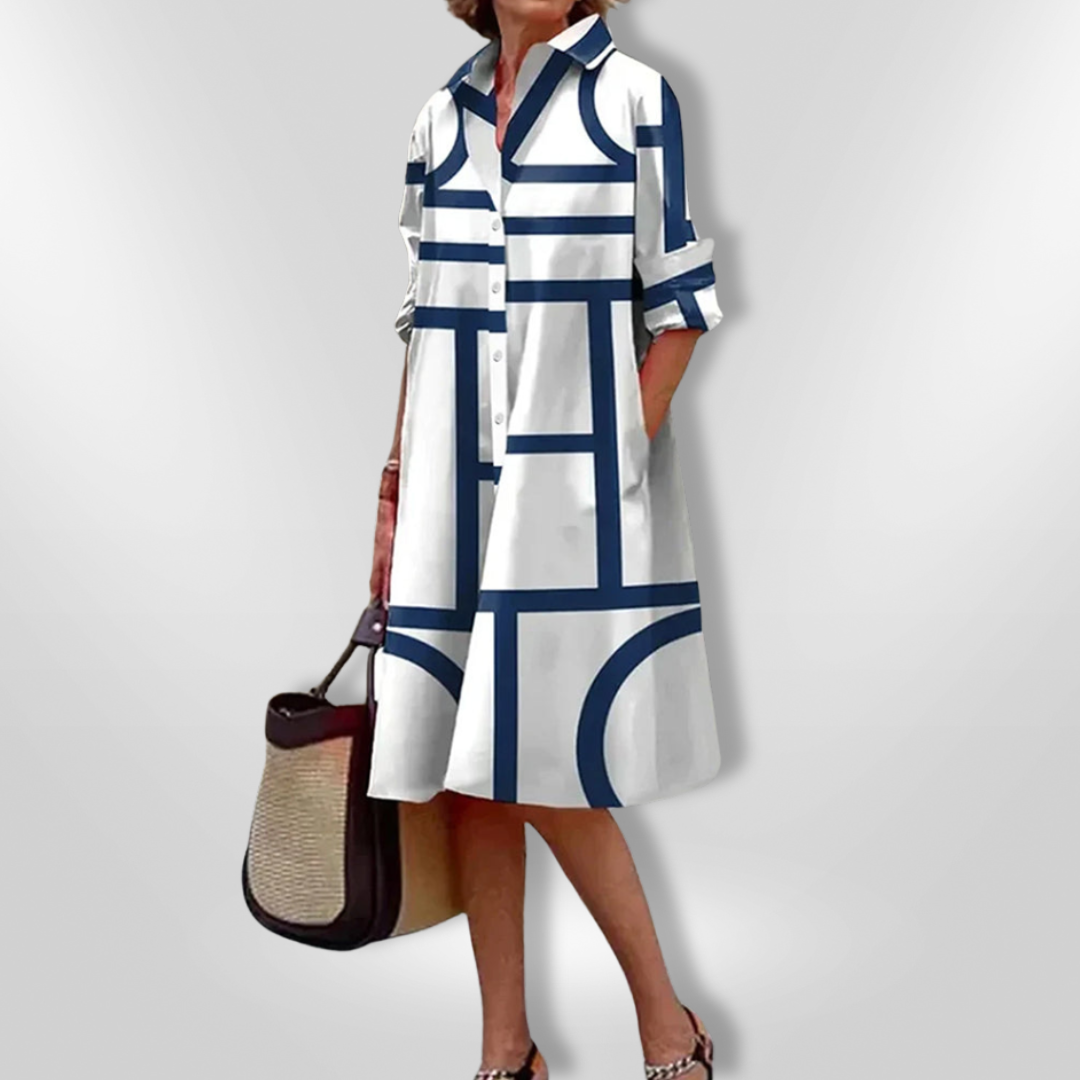 Wanda · Vestido midi camisero geométrico – Silvia Morel