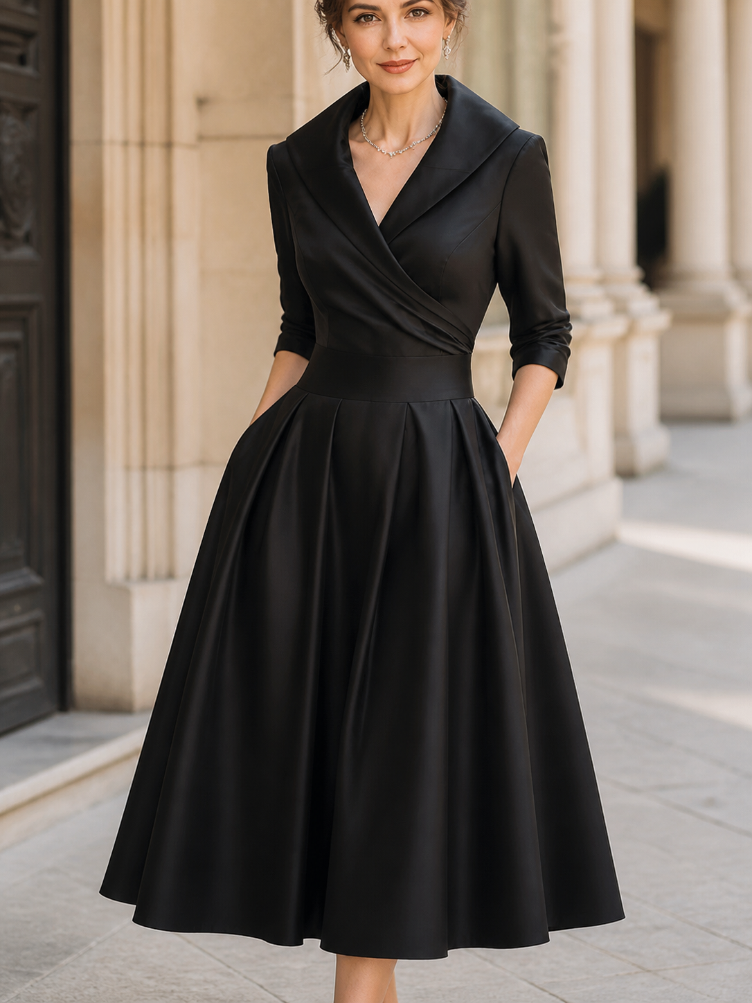 Satina · Vestido midi satinado con escote cruzado – Silvia Morel
