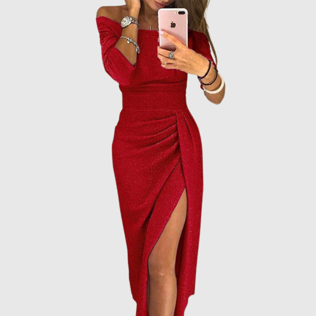 Gisela · Vestido largo halter con pliegues – Silvia Morel