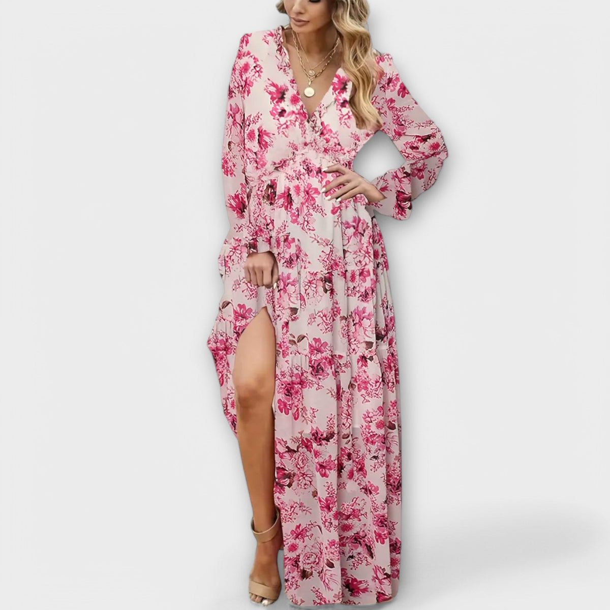 Lisette · Vestido largo plisado de manga larga – Silvia Morel
