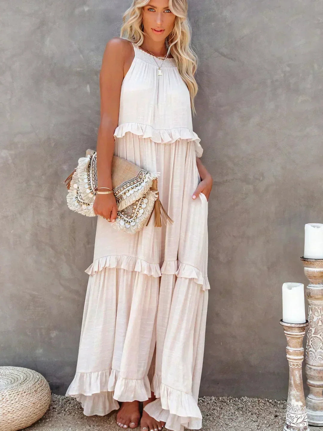 Jardín · Vestido largo halter con volantes – Silvia Morel