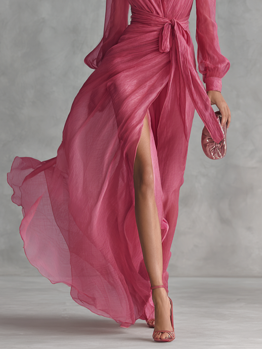 Rosalía · Vestido de chiffon rosa con perlas – Silvia Morel