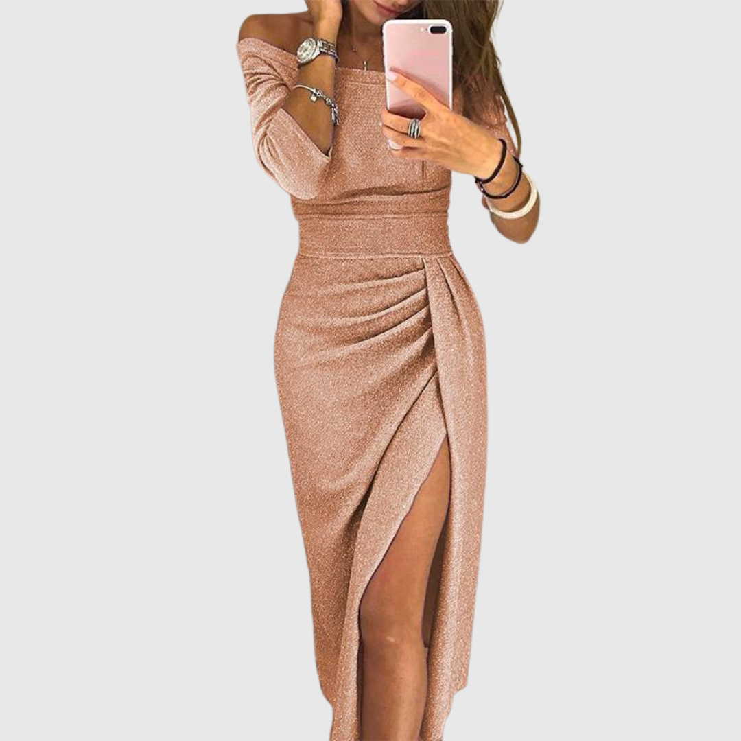 Gisela · Vestido largo halter con pliegues – Silvia Morel