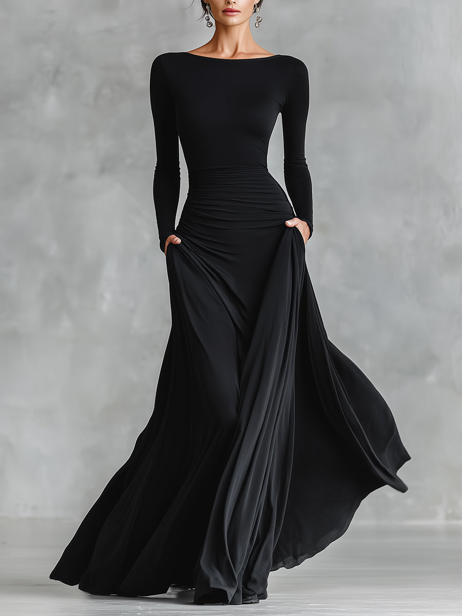 Azabache · Vestido largo negro plisado – Silvia Morel