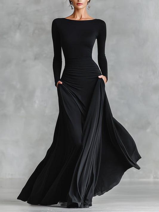 Azabache · Vestido largo negro plisado – Silvia Morel