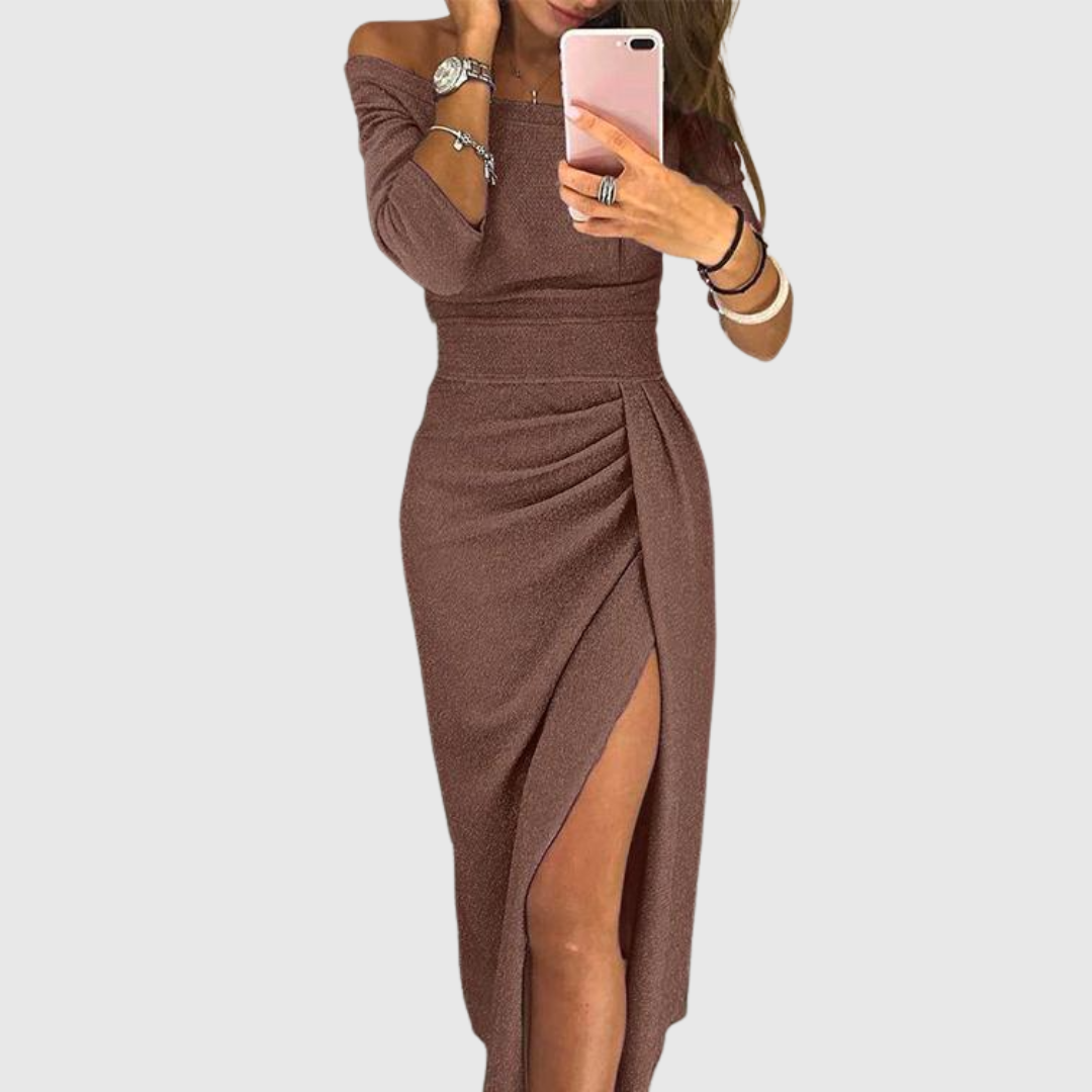 Gisela · Vestido largo halter con pliegues – Silvia Morel