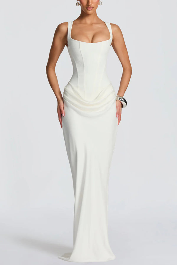 Ivana · Vestido largo satinado de escote cuadrado – Silvia Morel