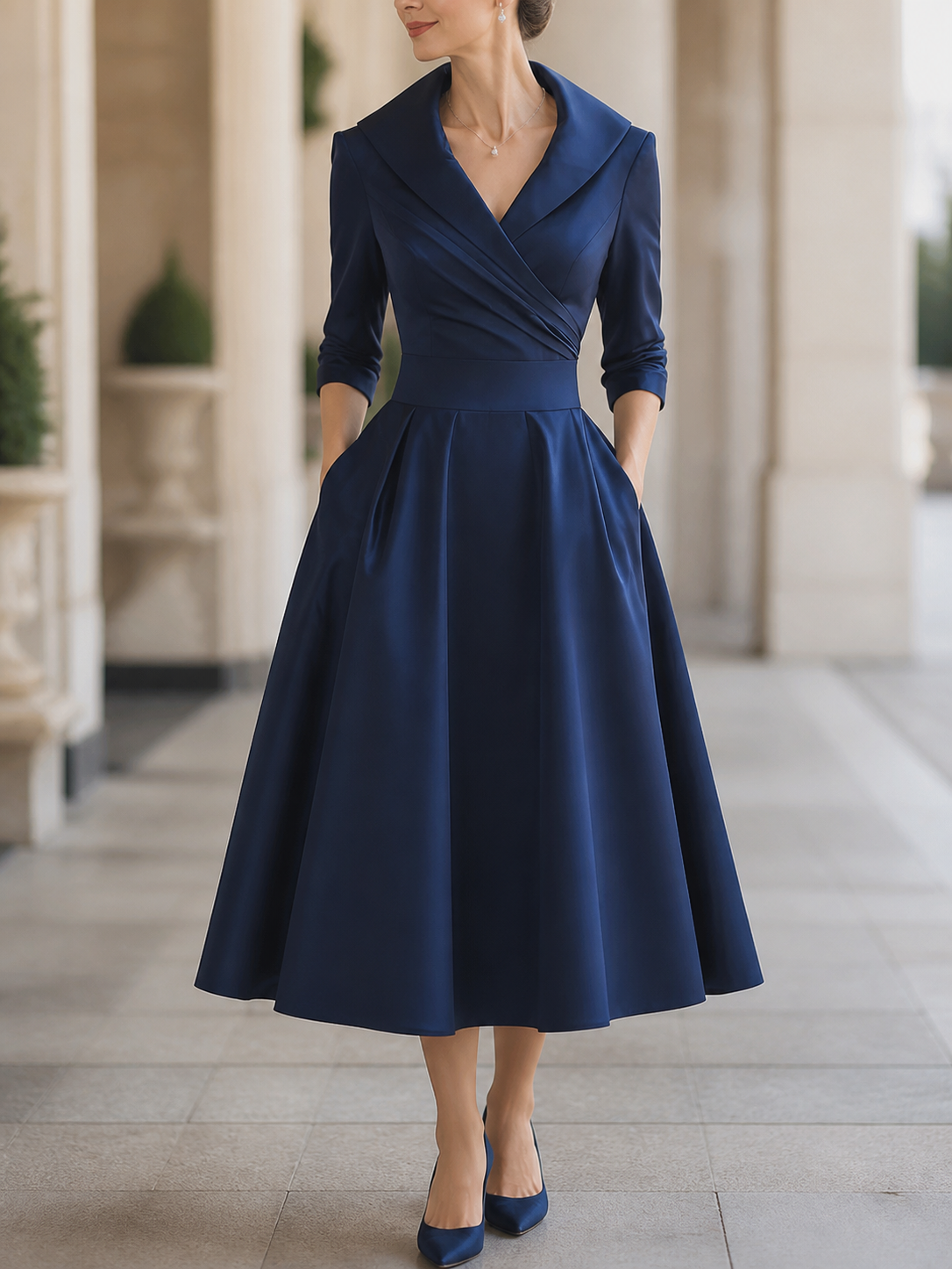 Satina · Vestido midi satinado con escote cruzado – Silvia Morel