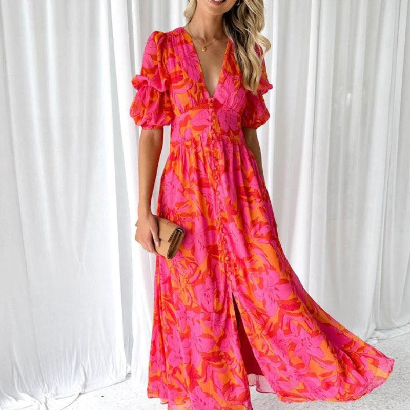 Evelina · Vestido largo rosa con mangas abullonadas – Silvia Morel