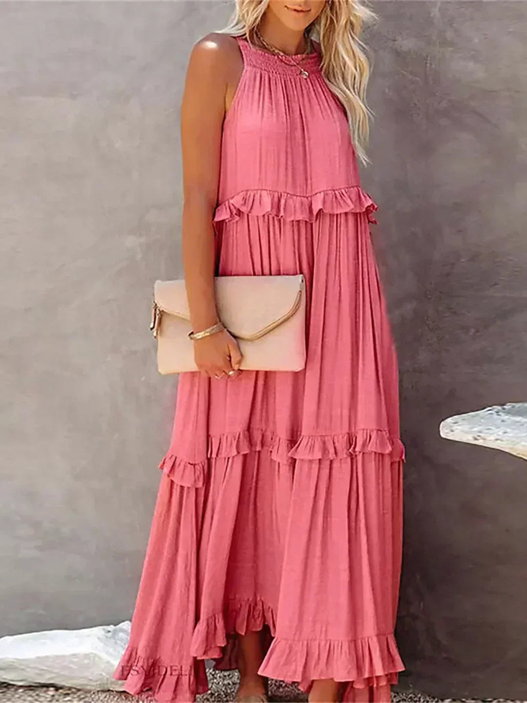 Jardín · Vestido largo halter con volantes – Silvia Morel
