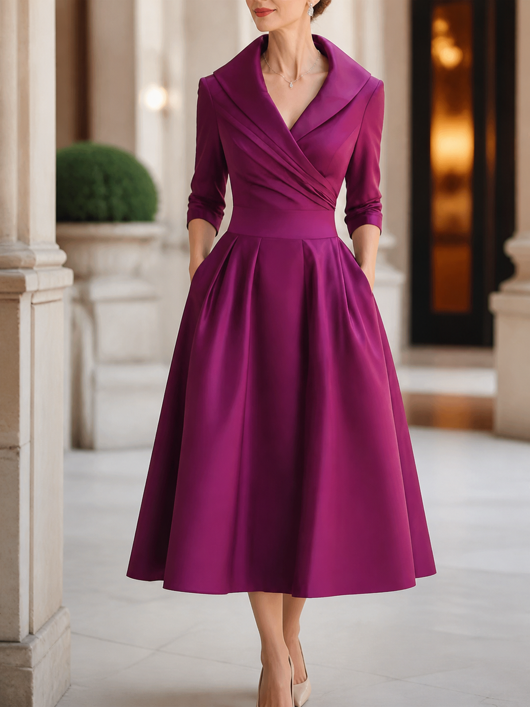 Satina · Vestido midi satinado con escote cruzado – Silvia Morel