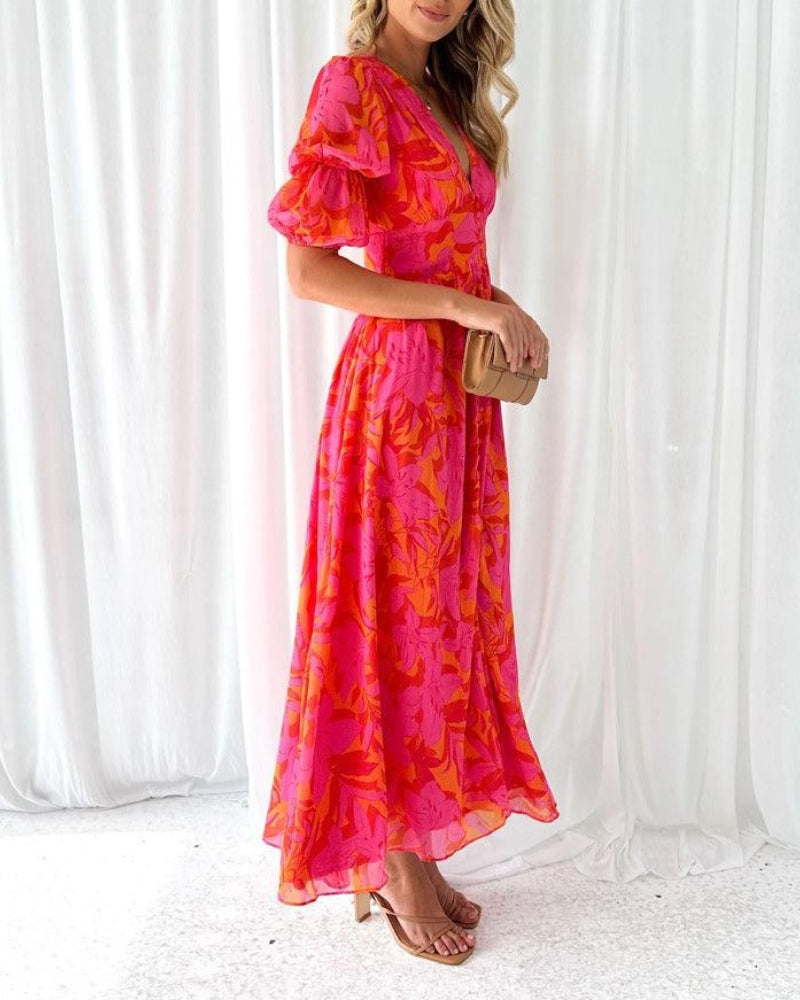 Evelina · Vestido largo rosa con mangas abullonadas – Silvia Morel