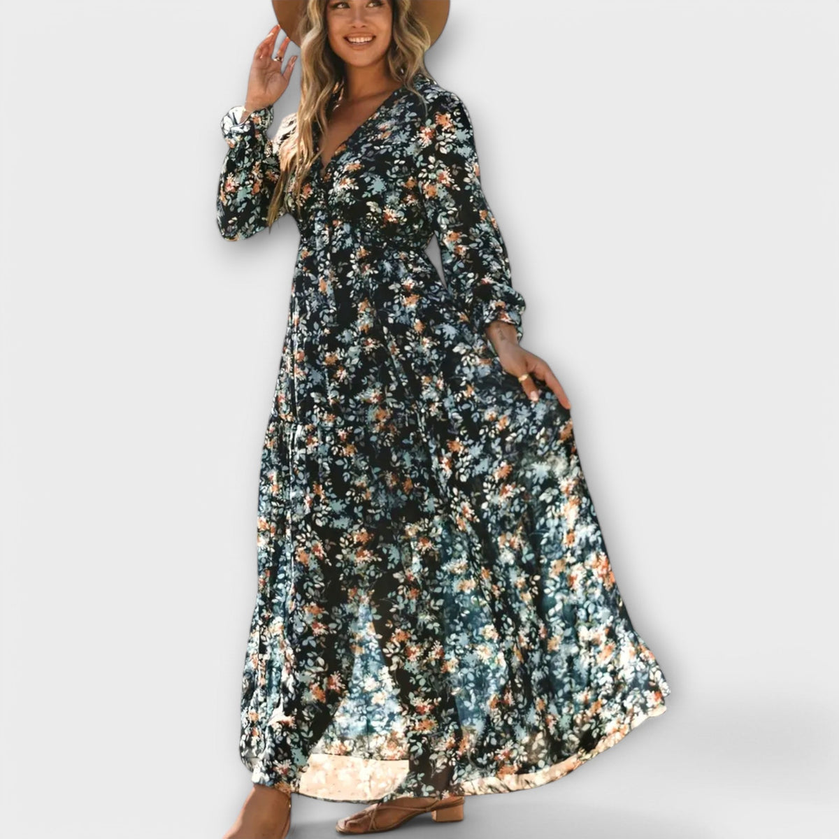 Lisette · Vestido largo plisado de manga larga – Silvia Morel