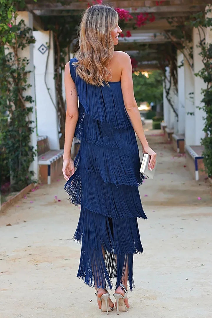 Zafiro · Vestido asimétrico con borlas – Silvia Morel