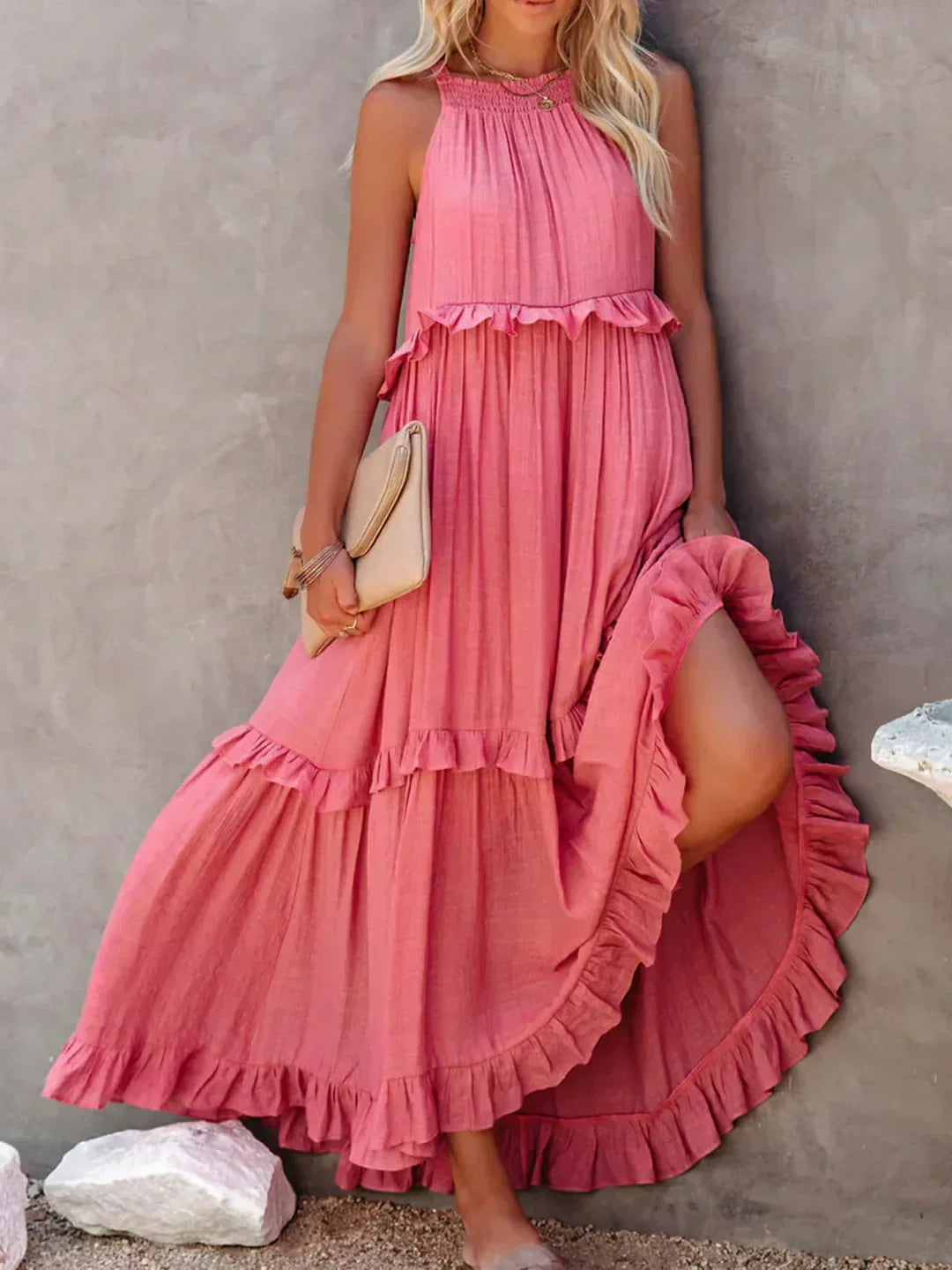 Jardín · Vestido largo halter con volantes – Silvia Morel