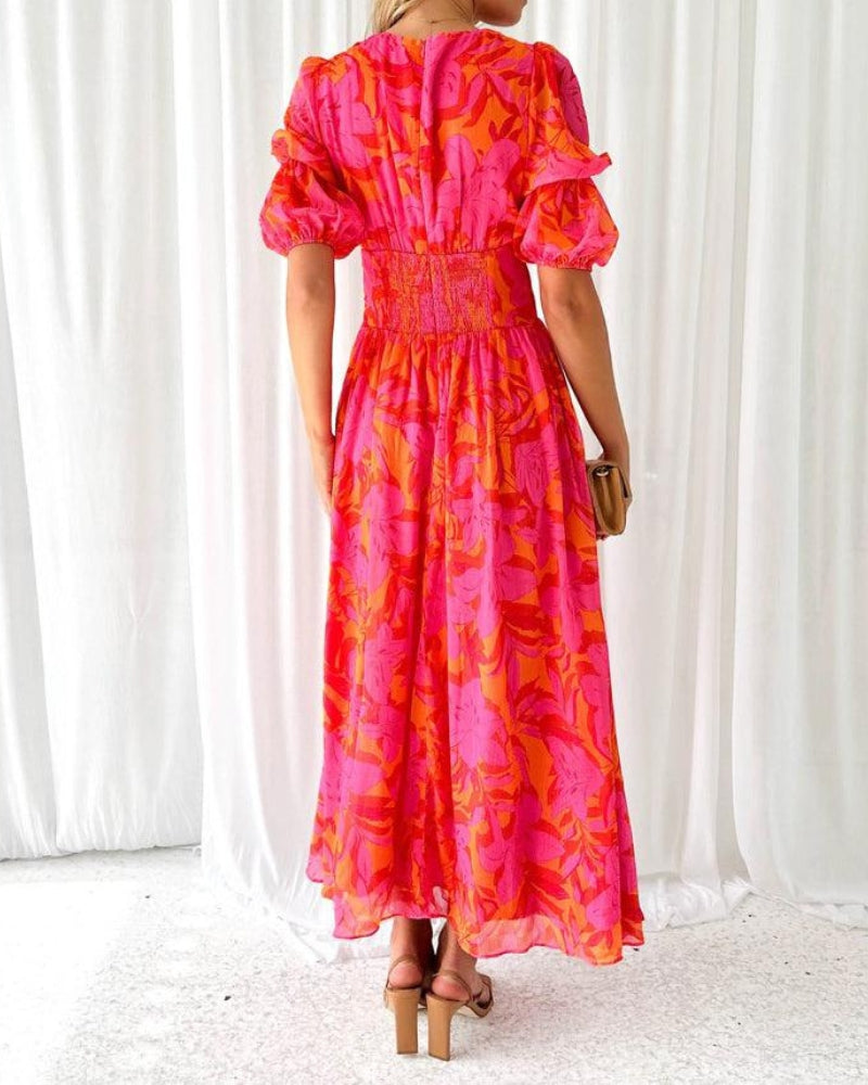 Evelina · Vestido largo rosa con mangas abullonadas – Silvia Morel