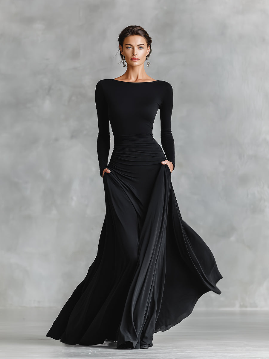 Azabache · Vestido largo negro plisado – Silvia Morel
