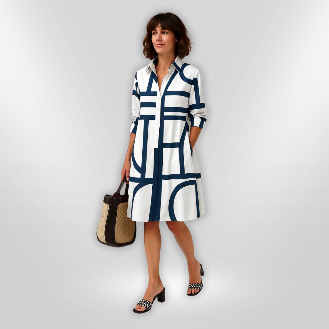 Wanda · Vestido midi camisero geométrico – Silvia Morel