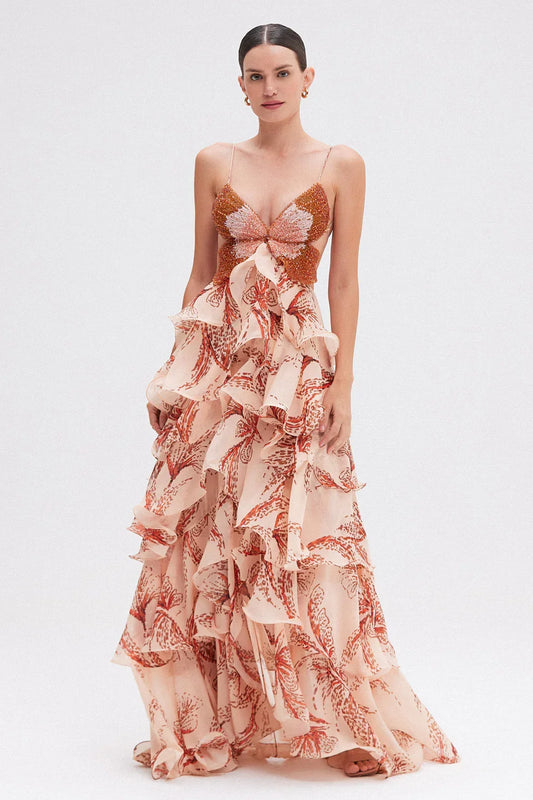 Amanda · Vestido con volantes y escote joya – Silvia Morel