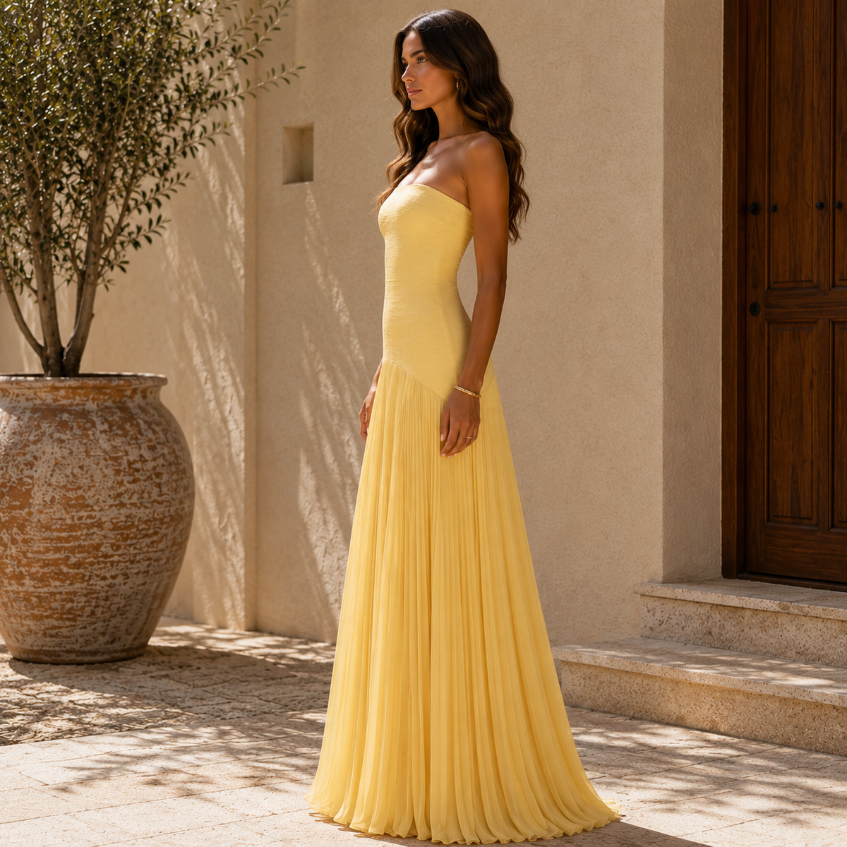 Esther · Vestido palabra de honor plisado – Silvia Morel