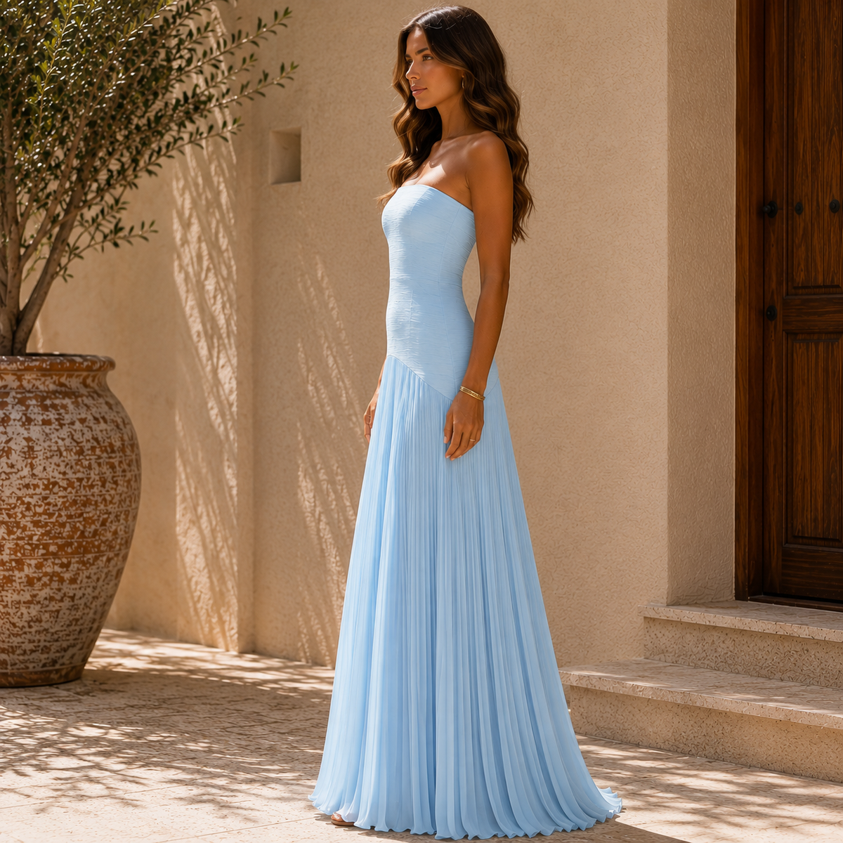Esther · Vestido palabra de honor plisado – Silvia Morel