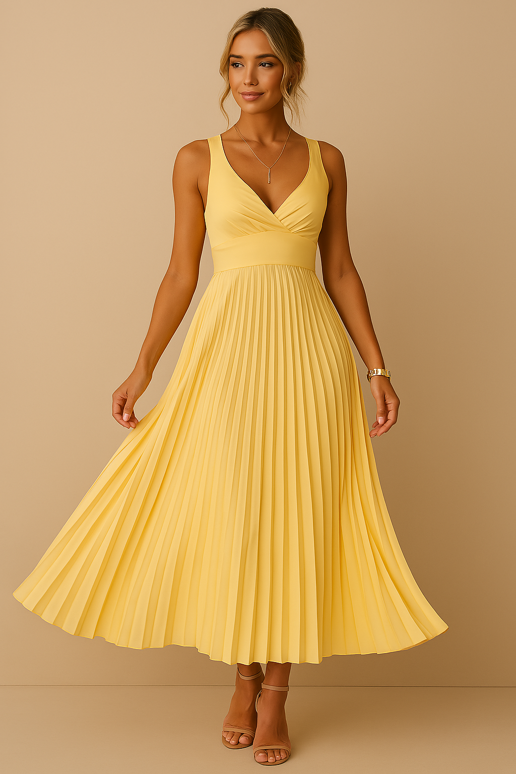 Atardecer · Vestido plisado amarillo con espalda abierta – Silvia Morel