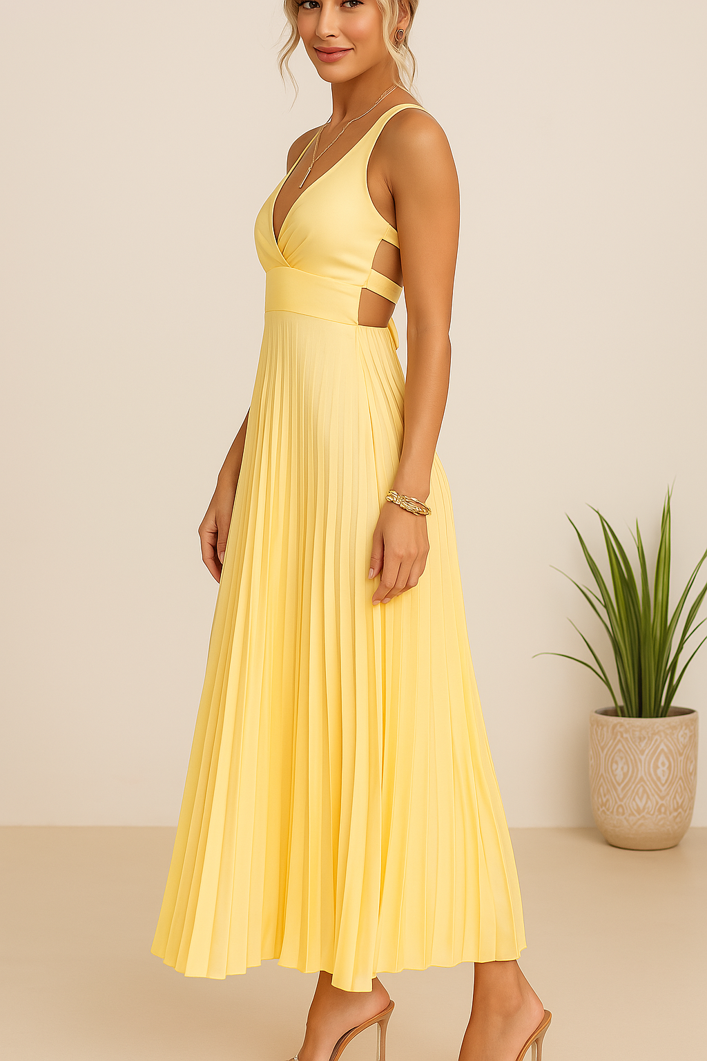 Atardecer · Vestido plisado amarillo con espalda abierta – Silvia Morel