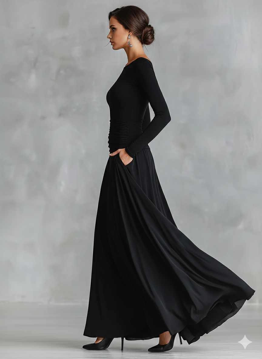 Azabache · Vestido largo negro plisado – Silvia Morel