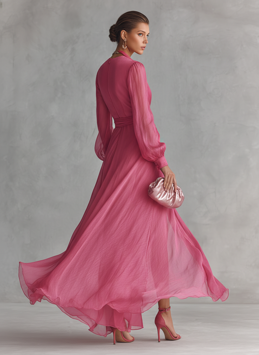 Rosalía · Vestido de chiffon rosa con perlas – Silvia Morel