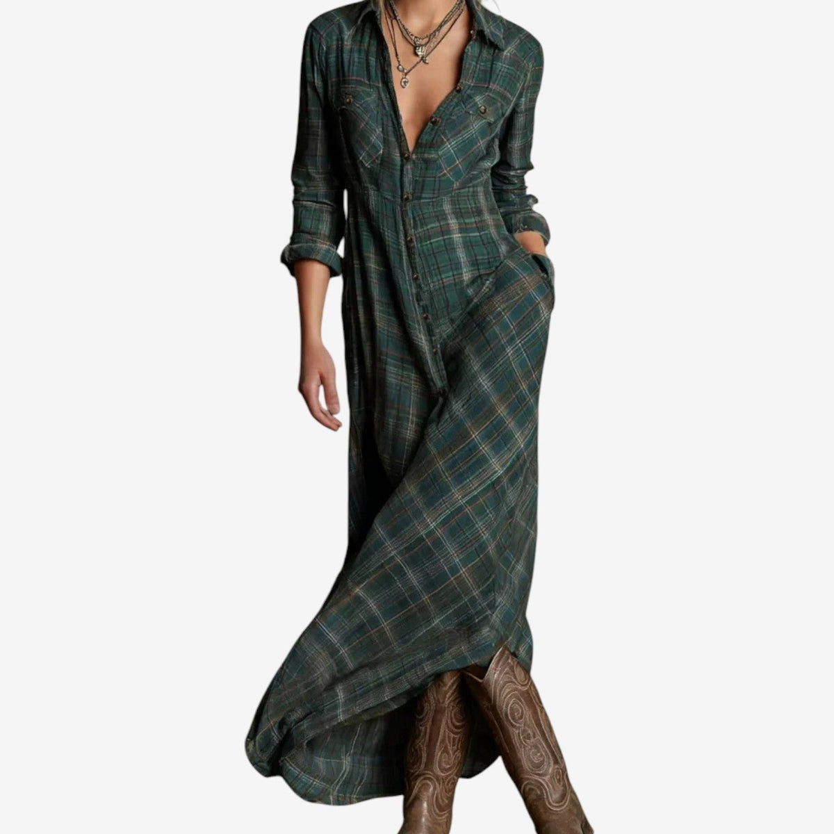 Fernanda · Vestido camisero largo de cuadros – Silvia Morel