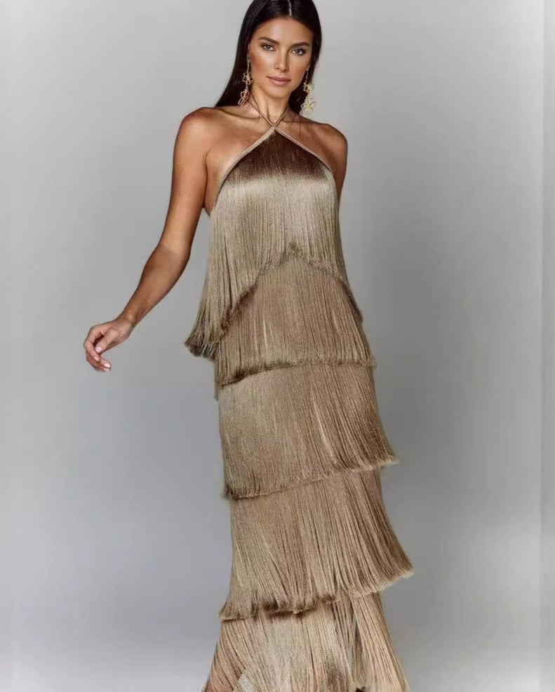 Borla · Vestido halter con borlas – Silvia Morel