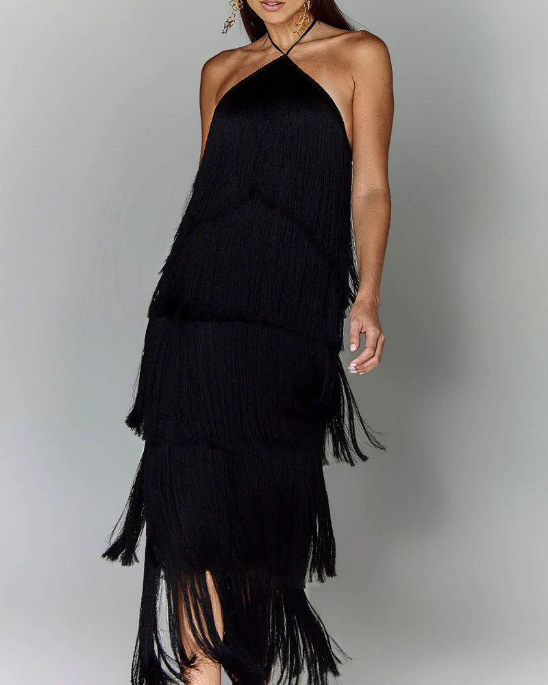 Borla · Vestido halter con borlas – Silvia Morel