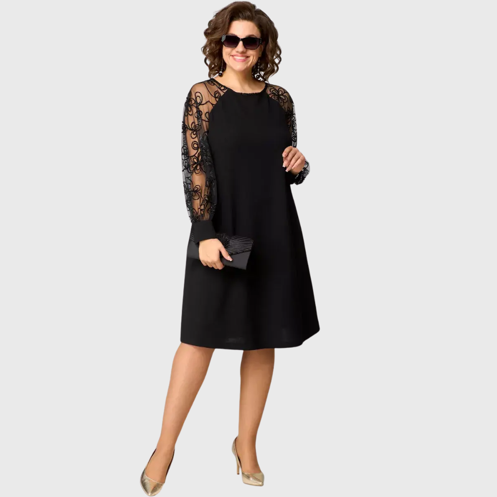 Delfina · Vestido negro con mangas de encaje – Silvia Morel