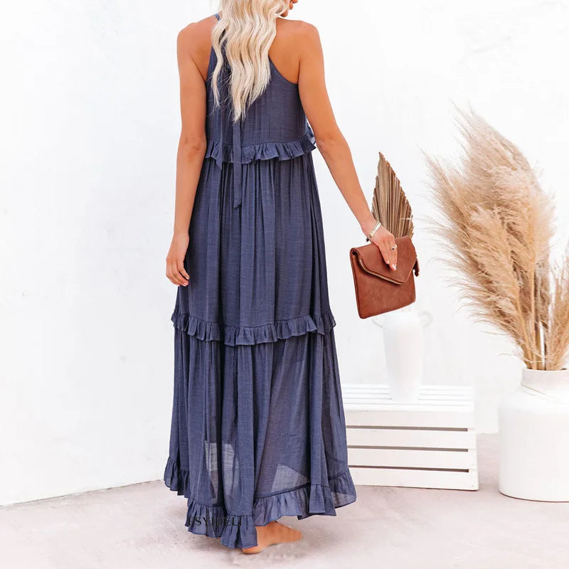 Jardín · Vestido largo halter con volantes – Silvia Morel
