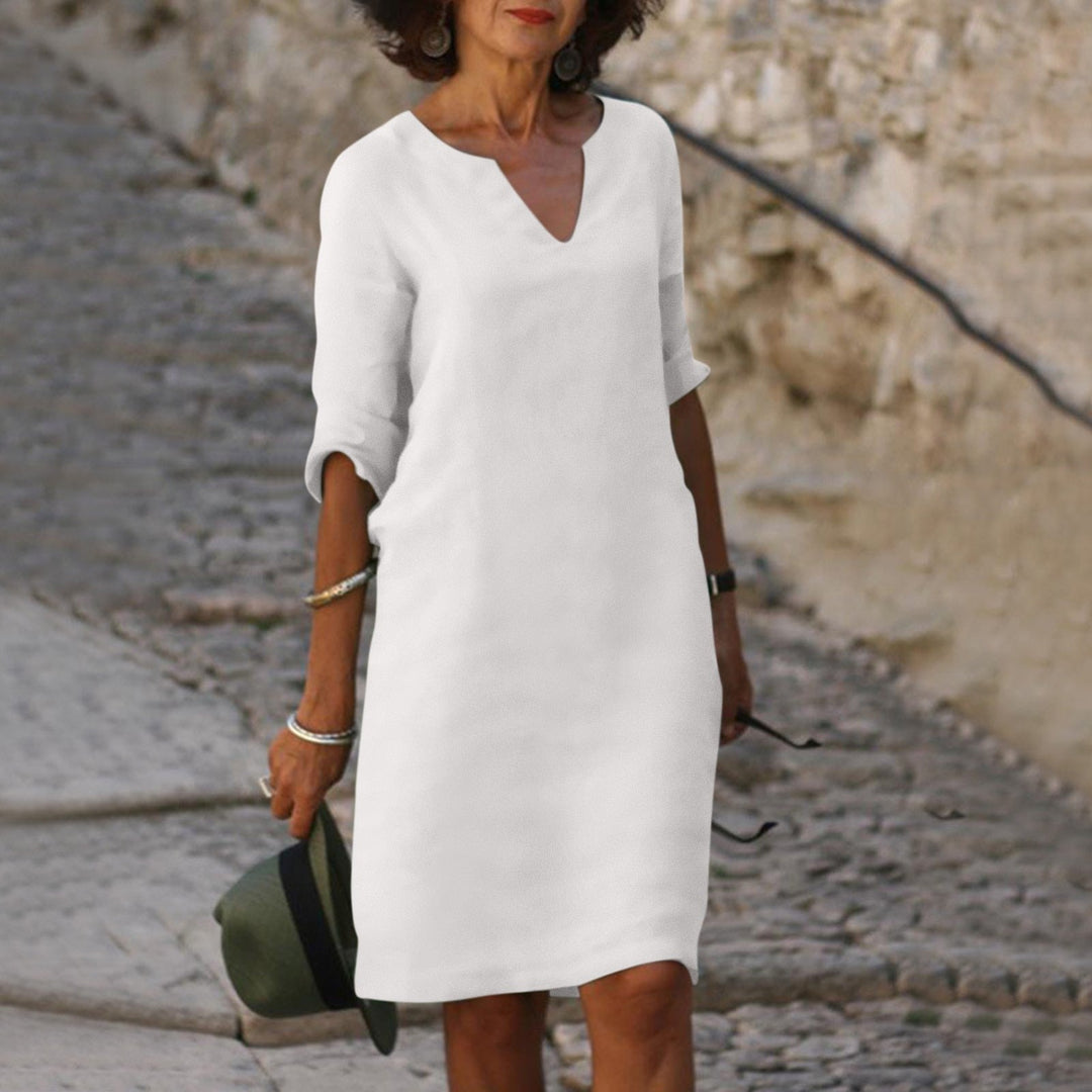 Greta · Vestido con escote en V que disimula el abdomen – Silvia Morel