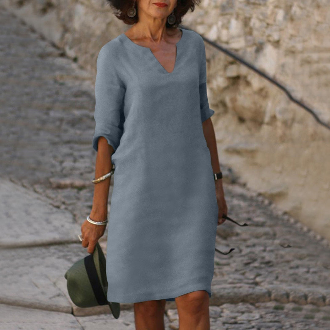 Greta · Vestido con escote en V que disimula el abdomen – Silvia Morel
