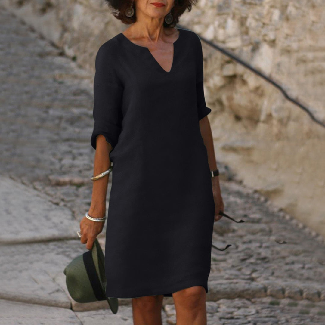 Greta · Vestido con escote en V que disimula el abdomen – Silvia Morel