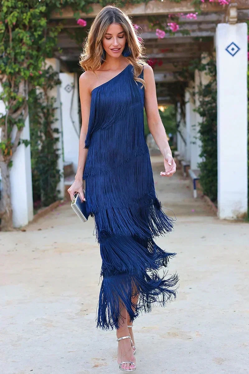 Zafiro · Vestido asimétrico con borlas – Silvia Morel