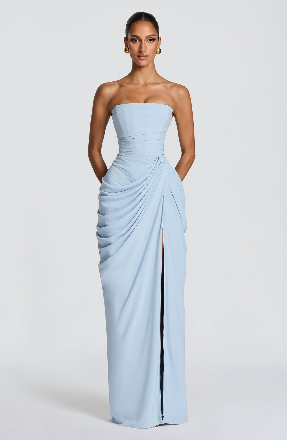 Celeste · Vestido largo palabra de honor – Silvia Morel