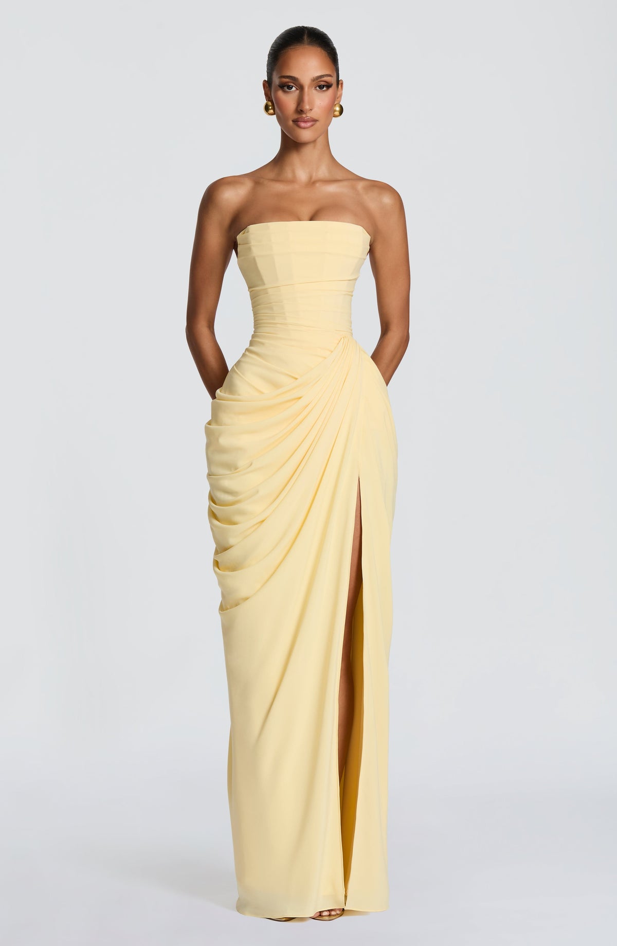 Celeste · Vestido largo palabra de honor – Silvia Morel